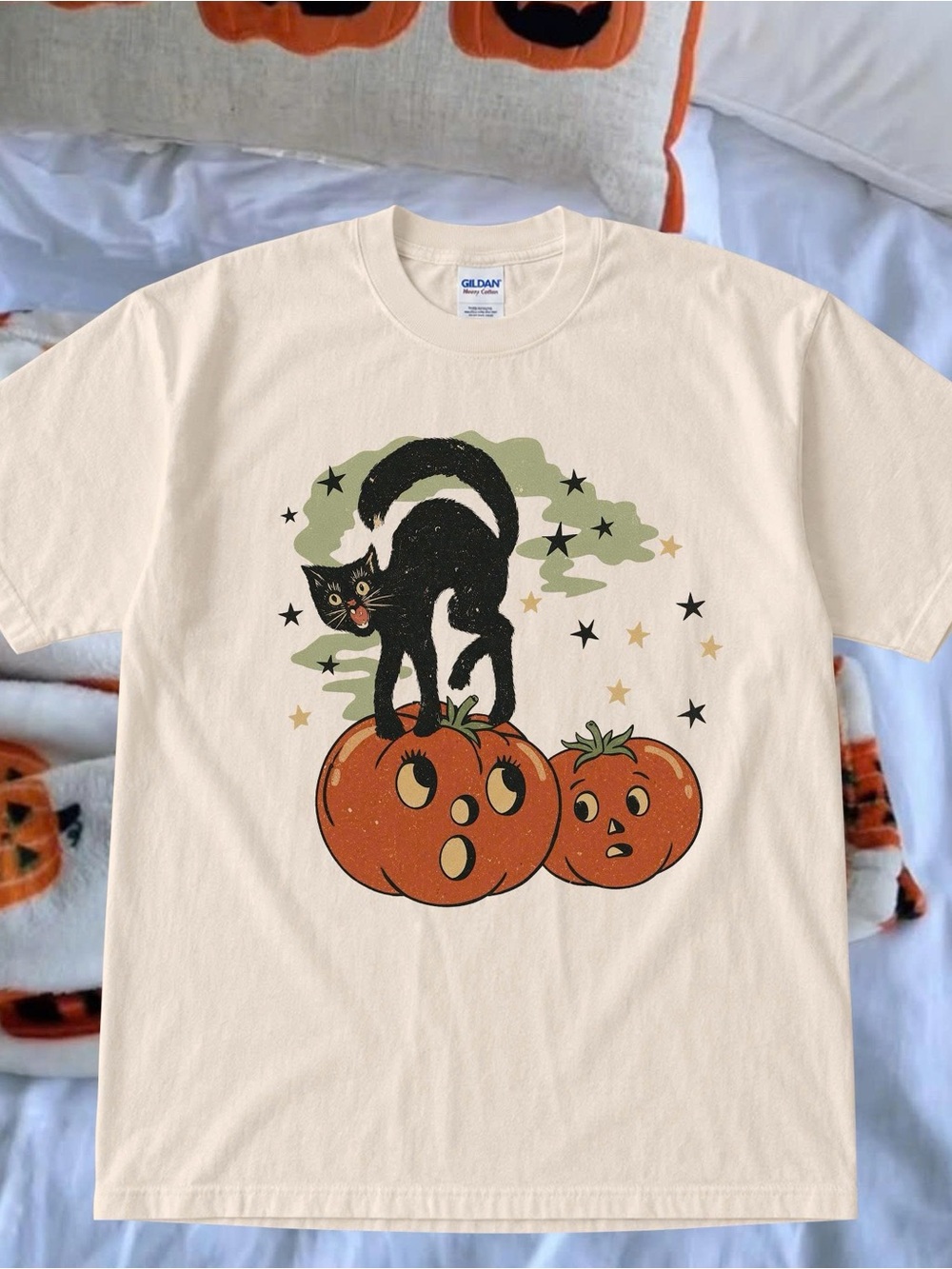 Gildan Cream Tee with Black Cat & Orange Pumpkin Halloween Graphic